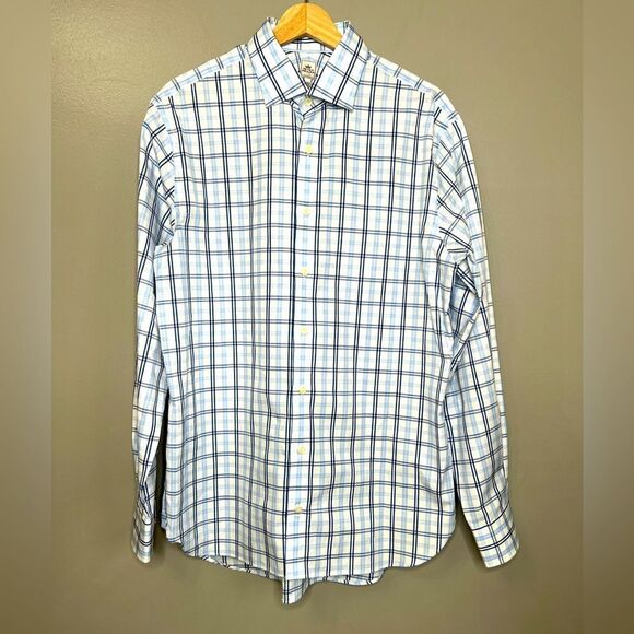 Peter Millar nanoluxe white blue checkered print long sleeve button up shirt 16L - Picture 1 of 6